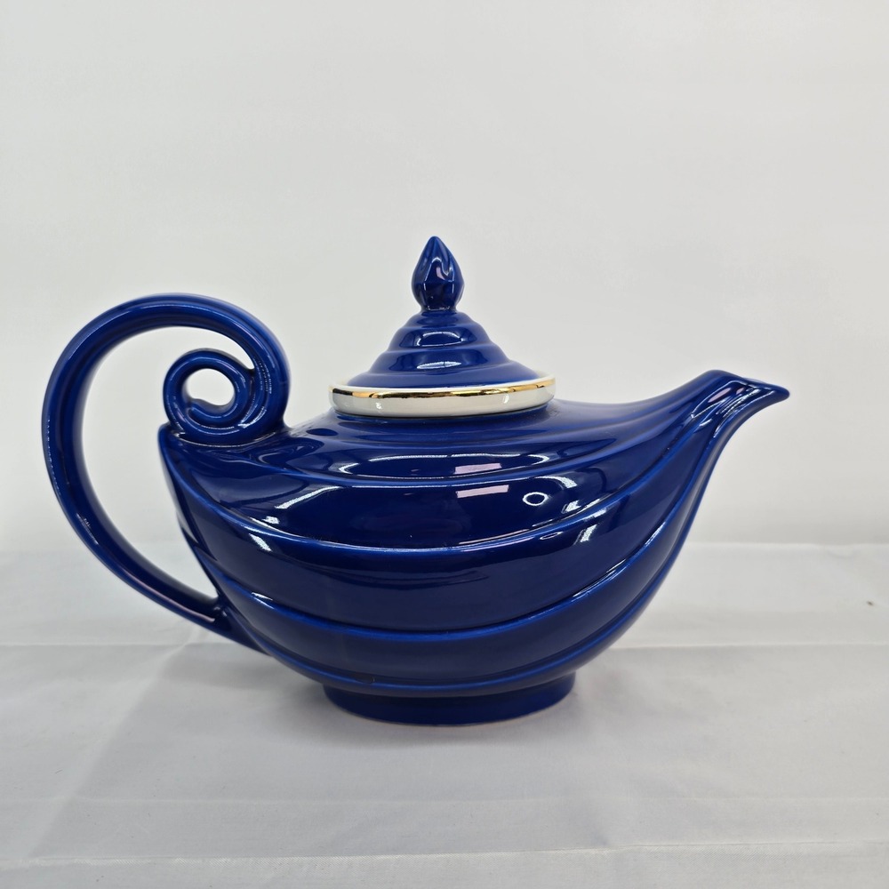 Vintage Cobalt Blue Ceramic Hall Genie Teapot with Gold Trim and Tea Infuser 11"